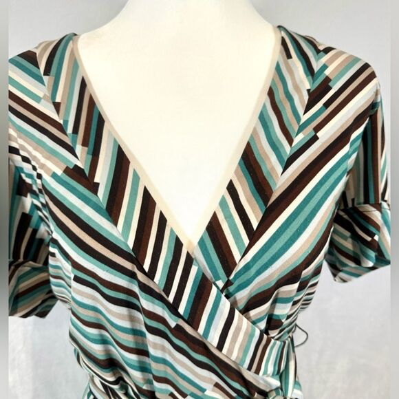 BCBGMaxAzria aqua and mocha geo print faux wrap top size large - Picture 2 of 5